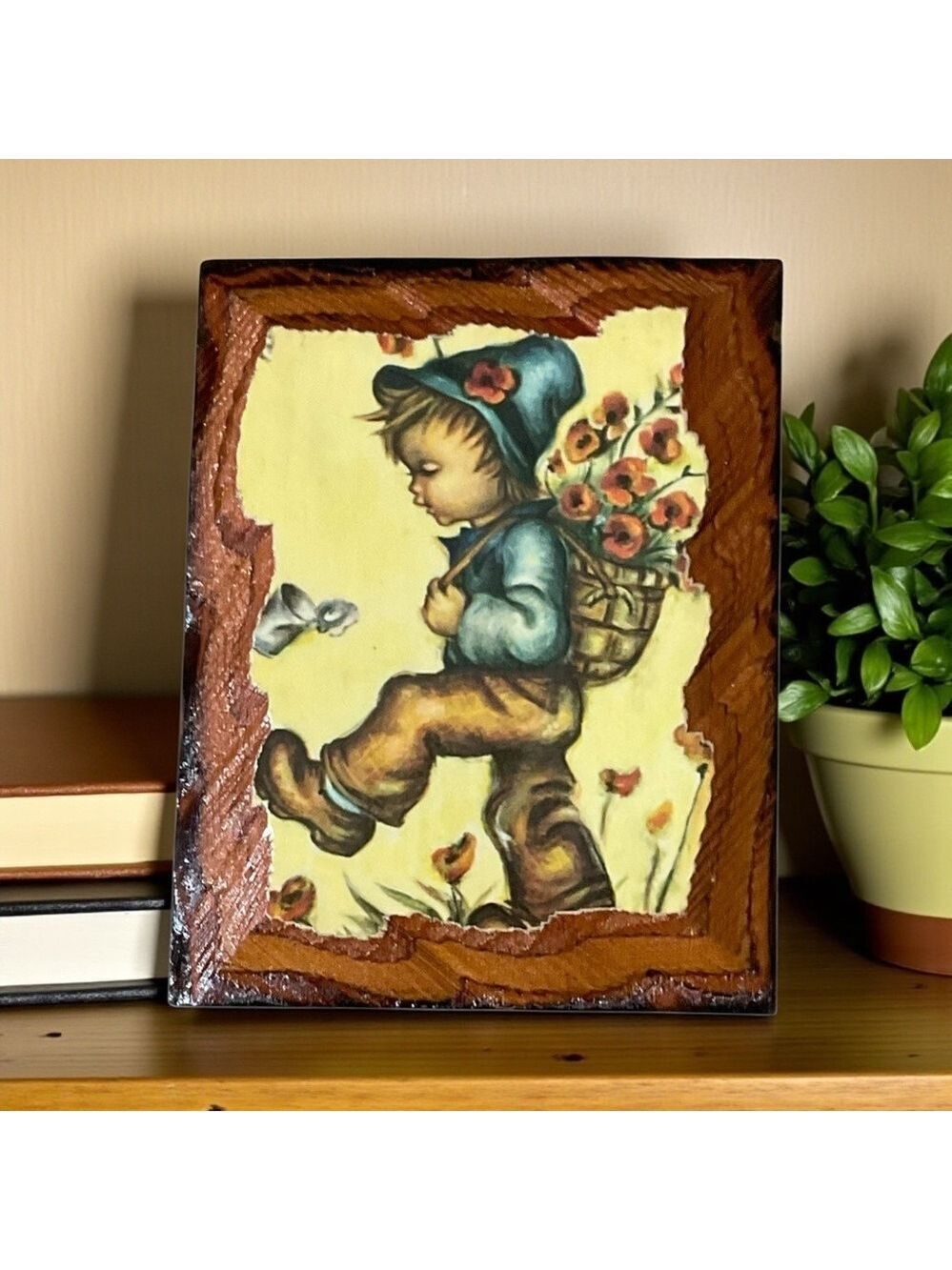 Vintage Hummel Style wooden Wall Plaque Boy with Flowers 4.75” x 3.75”